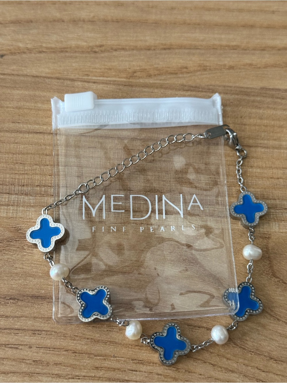 New Blue Clover and fresh water Pearl Bracelet